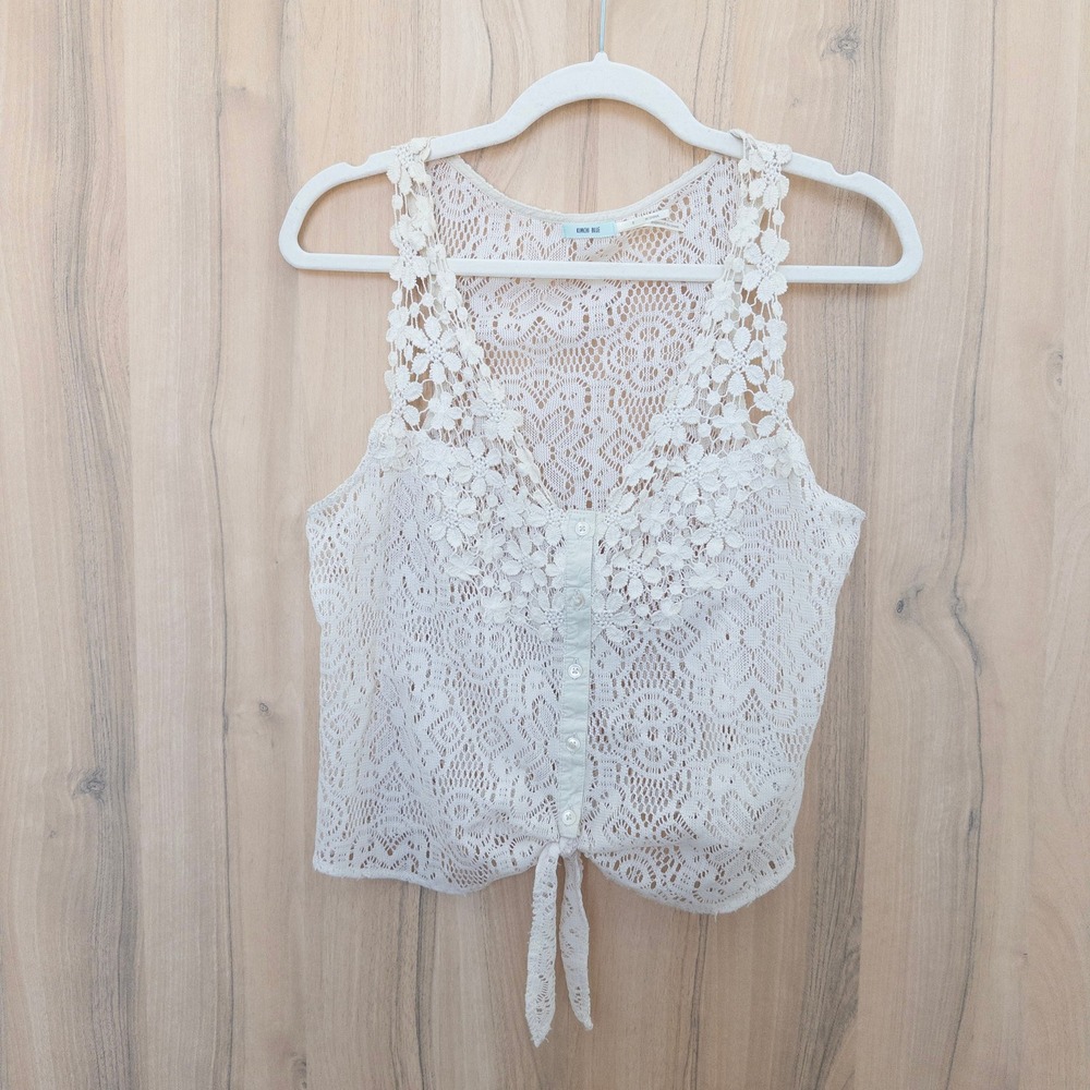 Kimchi Blue Lace Cropped Top Small Cream Tie Front Floral Sheer Boho Festival